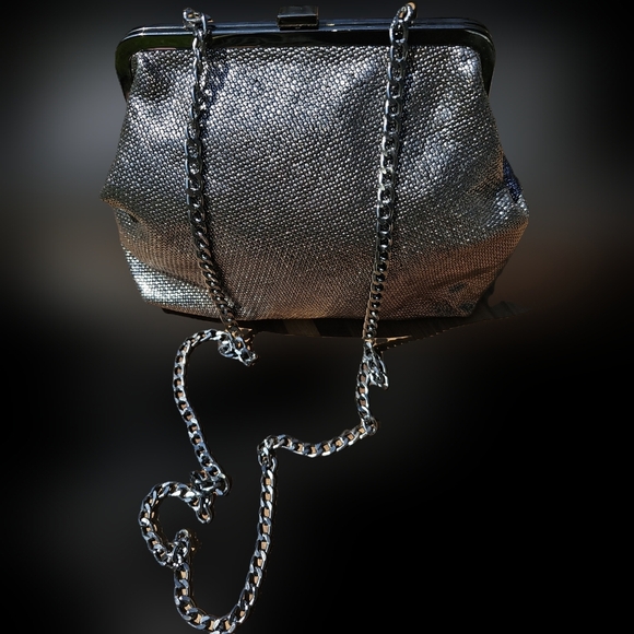 Vittoria Nipoli Genuine Leather Metalic Kiss Lock Silver Chain Evening Bag - Picture 6 of 11